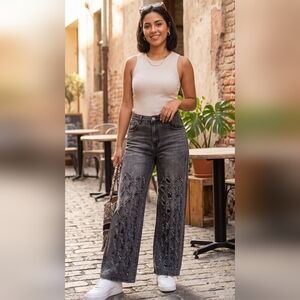 Washed Black Straight-Leg Jeans with Distressed Lattice Detail